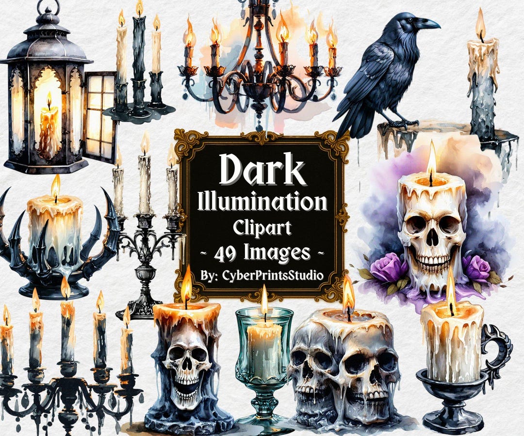 Dark Gothic Candle Clipart Bundle – 49 Watercolor Skull Candles, Ravens ...