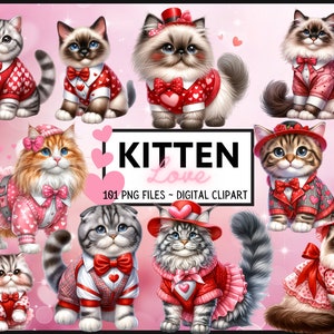 Valentine Cat Clipart Bundle - Kätzchen Sublimation Bundle für Valentinstag Handwerk. Baby Tiere Clipart PNG für Katzenliebhaber - Digitaler Download