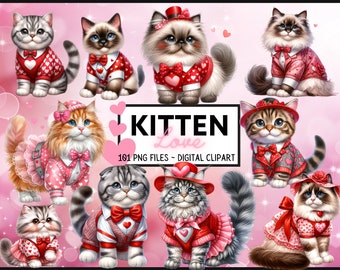 Valentine Cat Clipart Bundle - kitten Sublimation Bundle for Valentines Day Craft. Baby Animals Clipart PNG for cat Lover - Digital Download