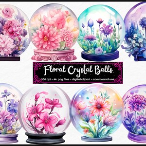 Watercolor Floral Crystal Ball Clipart - flower fantasy PNG format instant download for commercial use