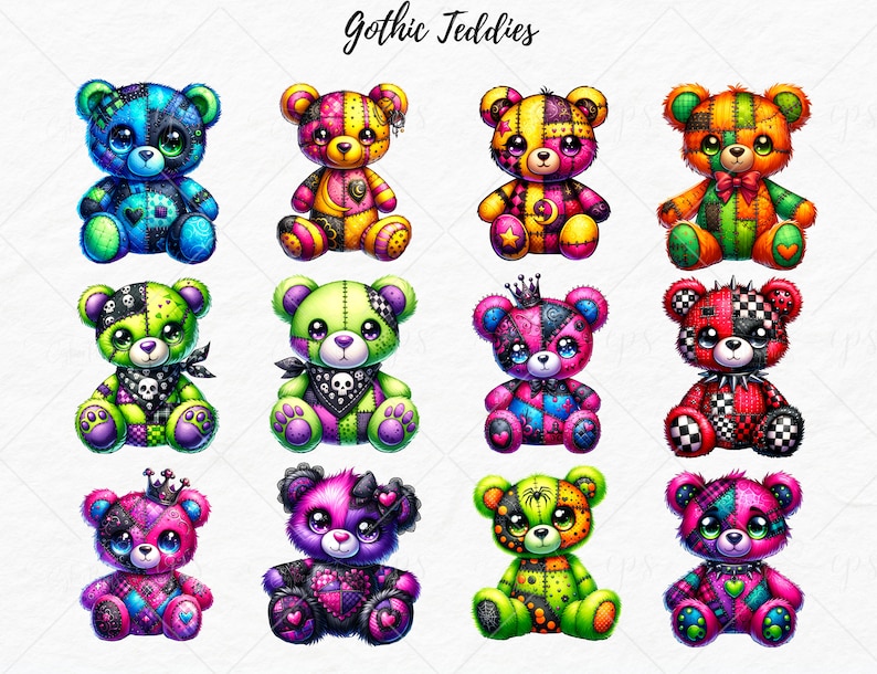 May include: Twelve colorful patchwork teddy bears with different designs and accessories. The bears are all sitting and have a gothic aesthetic.