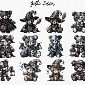 May include: Twelve illustrated gothic teddy bears in various poses and costumes. The bears are black and white with patchwork fabric and have different accessories like a witch's hat, a pirate hat, a lantern, and a sword. The bears are all sitting or standing on a white background. The text "Gothic Teddies" is written in black at the top of the image.