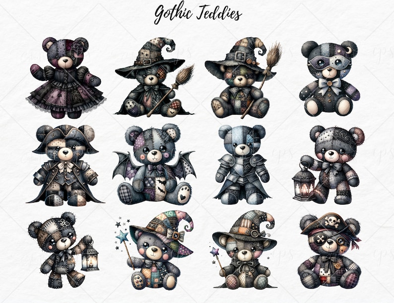 May include: Twelve illustrated gothic teddy bears in various poses and costumes. The bears are black and white with patchwork fabric and have different accessories like a witch's hat, a pirate hat, a lantern, and a sword. The bears are all sitting or standing on a white background. The text "Gothic Teddies" is written in black at the top of the image.