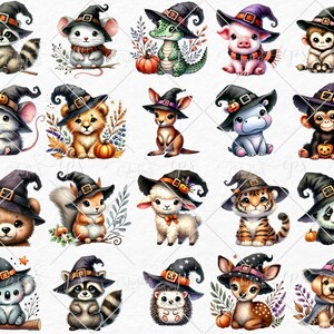 May include: Twenty adorable animal illustrations wearing witch hats. Each animal is wearing a black witch hat with a purple and orange trim. The animals include a raccoon, mouse, alligator, pig, monkey, cat, lion, kangaroo, hippopotamus, panda, bear, squirrel, sheep, tiger, koala, hedgehog, deer, and dog. The illustrations are perfect for Halloween crafts, party decorations, or scrapbooking.