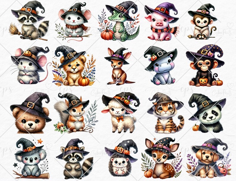 May include: Twenty adorable animal illustrations wearing witch hats. Each animal is wearing a black witch hat with a purple and orange trim. The animals include a raccoon, mouse, alligator, pig, monkey, cat, lion, kangaroo, hippopotamus, panda, bear, squirrel, sheep, tiger, koala, hedgehog, deer, and dog. The illustrations are perfect for Halloween crafts, party decorations, or scrapbooking.