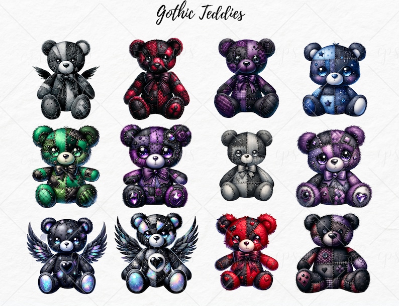 May include: Twelve gothic teddy bears in various colors and patterns, including black, white, red, green, purple, and blue. Some bears have wings and bows. The bears are all sitting on a white background.
