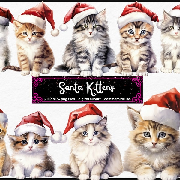 Christmas cat Clipart, Watercolor kittens, Santa hat, Winter Clipart, Holiday , cat Mom Clipart, Xmas Clipart Bundle, instant download, PNG