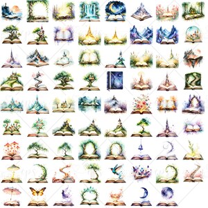 May include: A collection of watercolor illustrations featuring open books with fantasy scenes. Each book depicts a unique landscape, including castles, trees, mountains, and celestial elements. The color palette is soft, with blues, greens, and yellows.