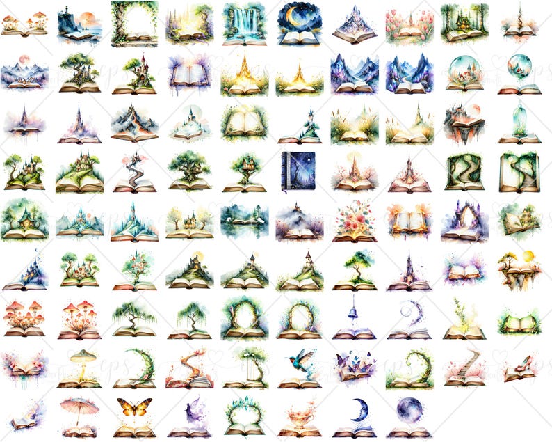 May include: A collection of watercolor illustrations featuring open books with fantasy scenes. Each book depicts a unique landscape, including castles, trees, mountains, and celestial elements. The color palette is soft, with blues, greens, and yellows.