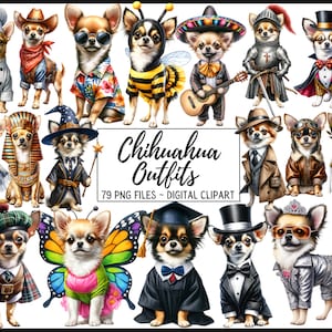 Aquarelle chihuahua PNG, jolies tenues de chiot, chiens habillés, pirate, abeille, sorcier, bébé, art de la pépinière, sublimation, journal indésirable, scrapbooking