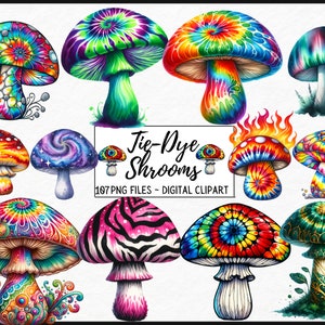Tie Dye aquarelle champignons magiques Clipart - fée sorcière aquarelle psychédélique fantastique au format PNG téléchargement immédiat usage commercial