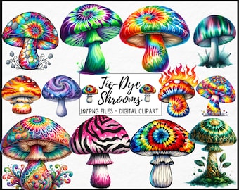 Tie Dye Watercolor Magic Mushrooms Clipart -  psychedelic  Trippy fantasy watercolor witch fairy PNG format instant download commercial use