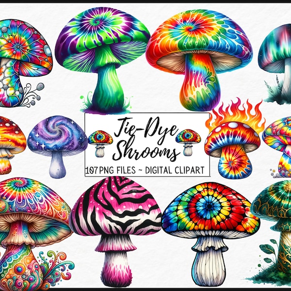 Tie Dye Watercolor Magic Mushrooms Clipart -  psychedelic  Trippy fantasy watercolor witch fairy PNG format instant download commercial use