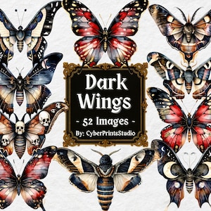 Dunkler Schmetterling und Motte Clipart Bundle - 52 gotische Aquarell Insekten, himmlische Flügel, hochauflösende PNG-Dateien für Sublimation, Scrapbook