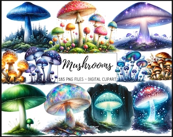 Mushrooms Watercolor Clipart Bundle - 185 PNG Forest Toadstool Graphics,Magical Nature Illustrations,Instant Digital Download,Commercial Use