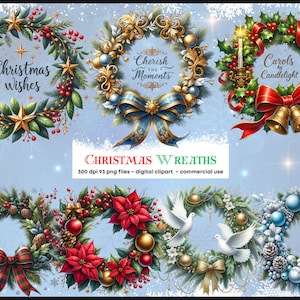 Pacchetto di clipart ad acquerello di ghirlande di Natale - 93 immagini PNG di ghirlande festive, grafica di decorazioni natalizie, download digitale istantaneo, uso commerciale