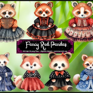 Watercolor red panda clipart, Cute animal bundle, panda in a dress, tutu, Woodland animal clipart,panda png, Junk journal, Paper craft