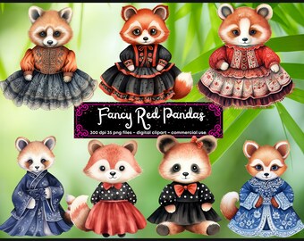 Watercolor red panda clipart, Cute animal bundle, panda in a dress, tutu, Woodland animal clipart,panda png, Junk journal, Paper craft