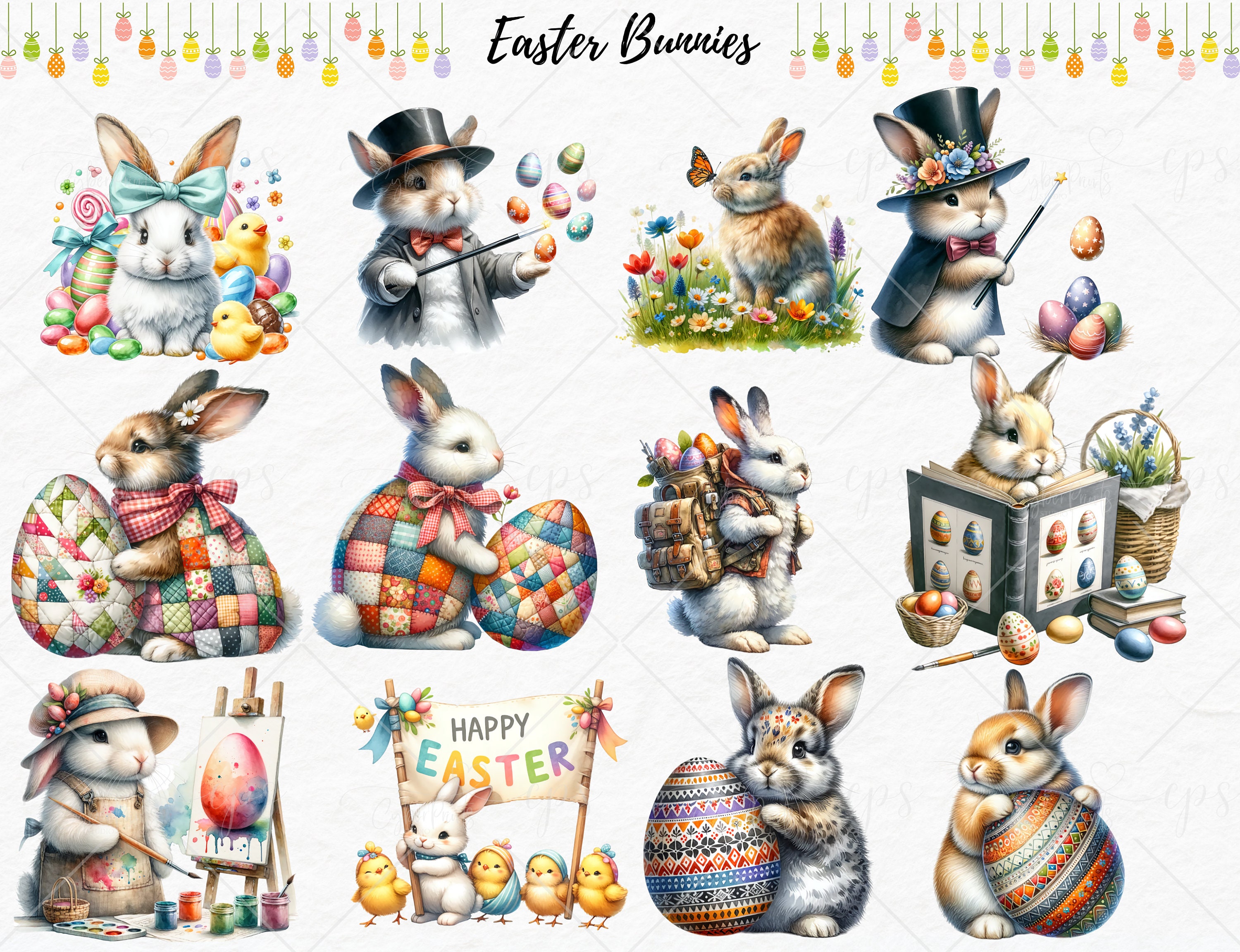 Easter Watercolor Clipart Bundle, PNG Easter Bunny Images, Cute Spring ...
