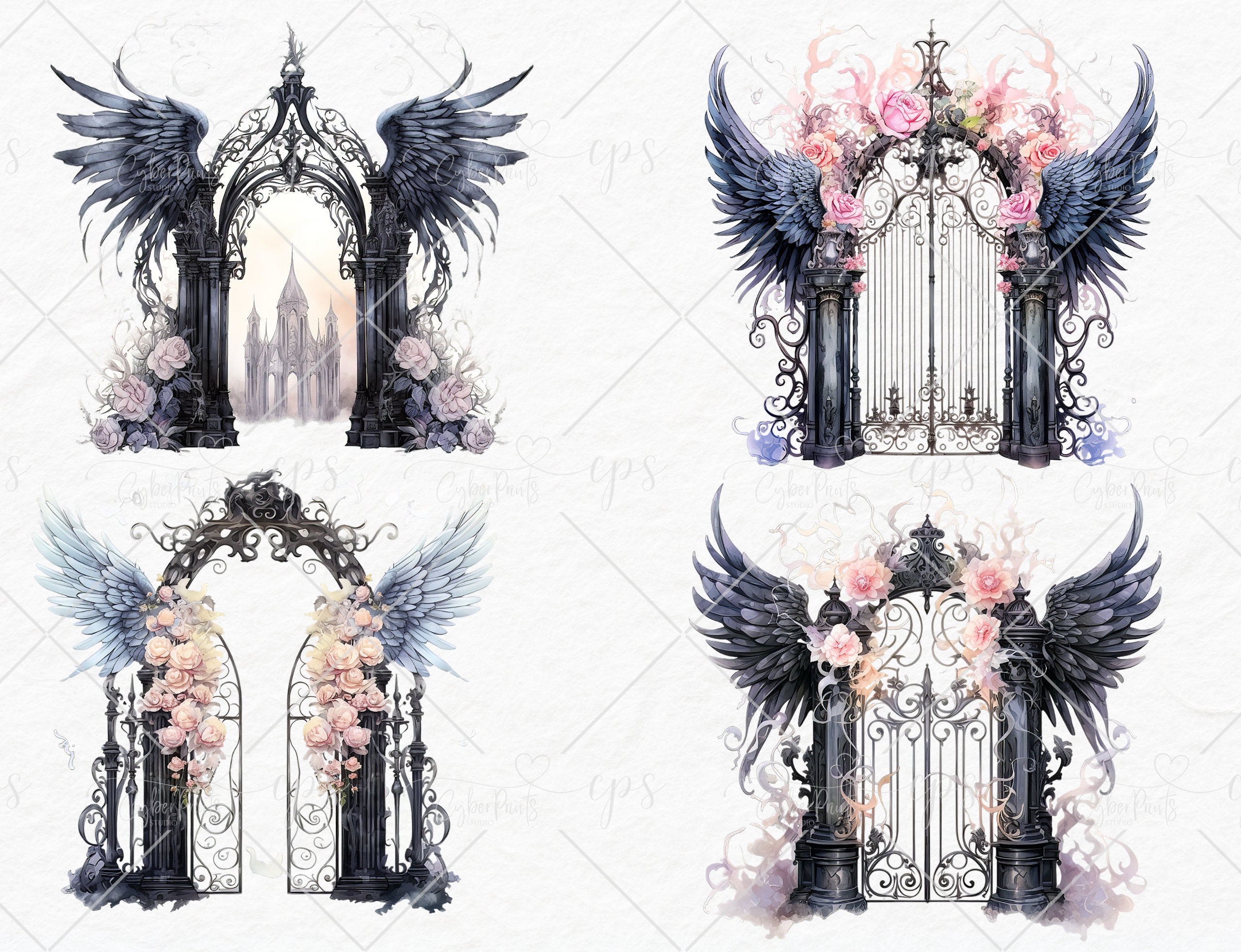 Watercolor Gothic Angel Gates Clipart - Ethereal Doors, Fantasy Heaven ...