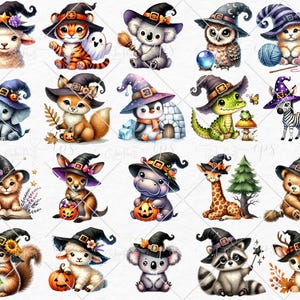 May include: Twenty adorable animal illustrations wearing witch hats. Each animal is depicted in a whimsical Halloween style with a variety of accessories and props. The animals include a sheep, tiger, koala, owl, cat, elephant, fox, penguin, crocodile, zebra, lion, kangaroo, hippopotamus, giraffe, bear, squirrel, lamb, koala, raccoon, and deer.