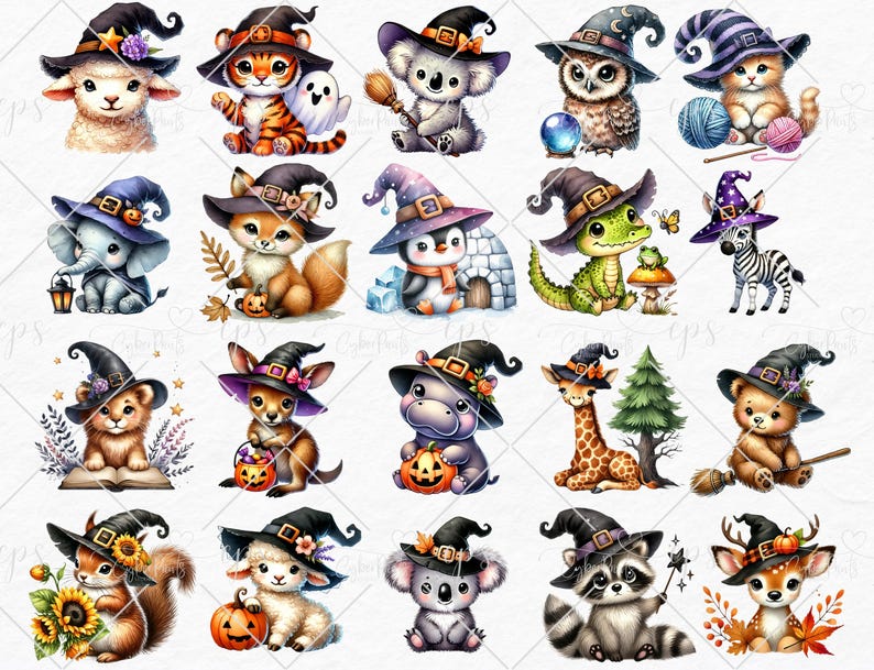 May include: Twenty adorable animal illustrations wearing witch hats. Each animal is depicted in a whimsical Halloween style with a variety of accessories and props. The animals include a sheep, tiger, koala, owl, cat, elephant, fox, penguin, crocodile, zebra, lion, kangaroo, hippopotamus, giraffe, bear, squirrel, lamb, koala, raccoon, and deer.