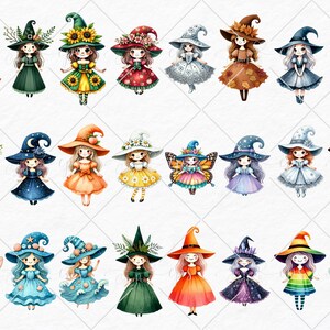 May include: A set of 30 watercolor illustrations of witches with different colored hats, dresses, and accessories. The witches are all smiling and have different hair colors and styles.