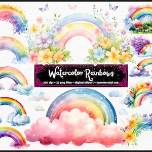 Pacchetto clipart acquerello arcobaleno / ClipArt per baby shower / Png trasparenti / Arte per l'asilo nido / Uso commerciale gratuito / Creazione di biglietti