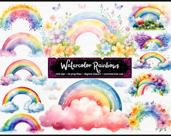 Pacote de clipart de arco-íris aquarela | Clipart de chá de bebê | Png Transparente | Arte do berçário | Uso comercial gratuito | Criação de cartões