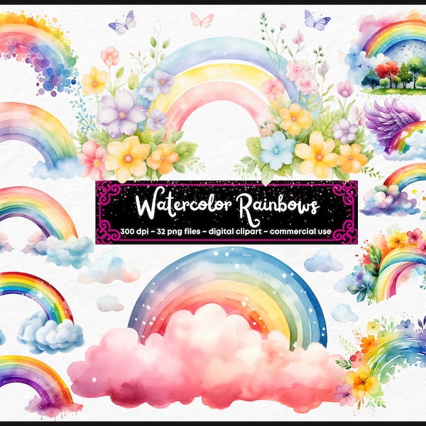 Watercolor Rainbow Clipart Pack | Baby Shower Clip Art | Transparent Pngs | Nursery Art | Free Commercial Use | Card Making
