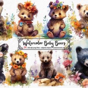 Baby Bear Clipart | Watercolor Clipart Bear | Woodland Animals | Cute Forest Animals | Baby Bear PNG | Baby Animals Print