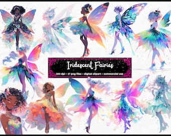 Watercolor iridescent Fairies Clipart Fairy Clipart Watercolor Fairies PNG Bundle On Transparent Background Commercial Use instant download