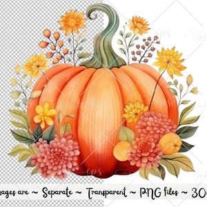 Watercolor Floral Pumpkin Bouquets Clipart - Autumn Watercolor in PNG ...