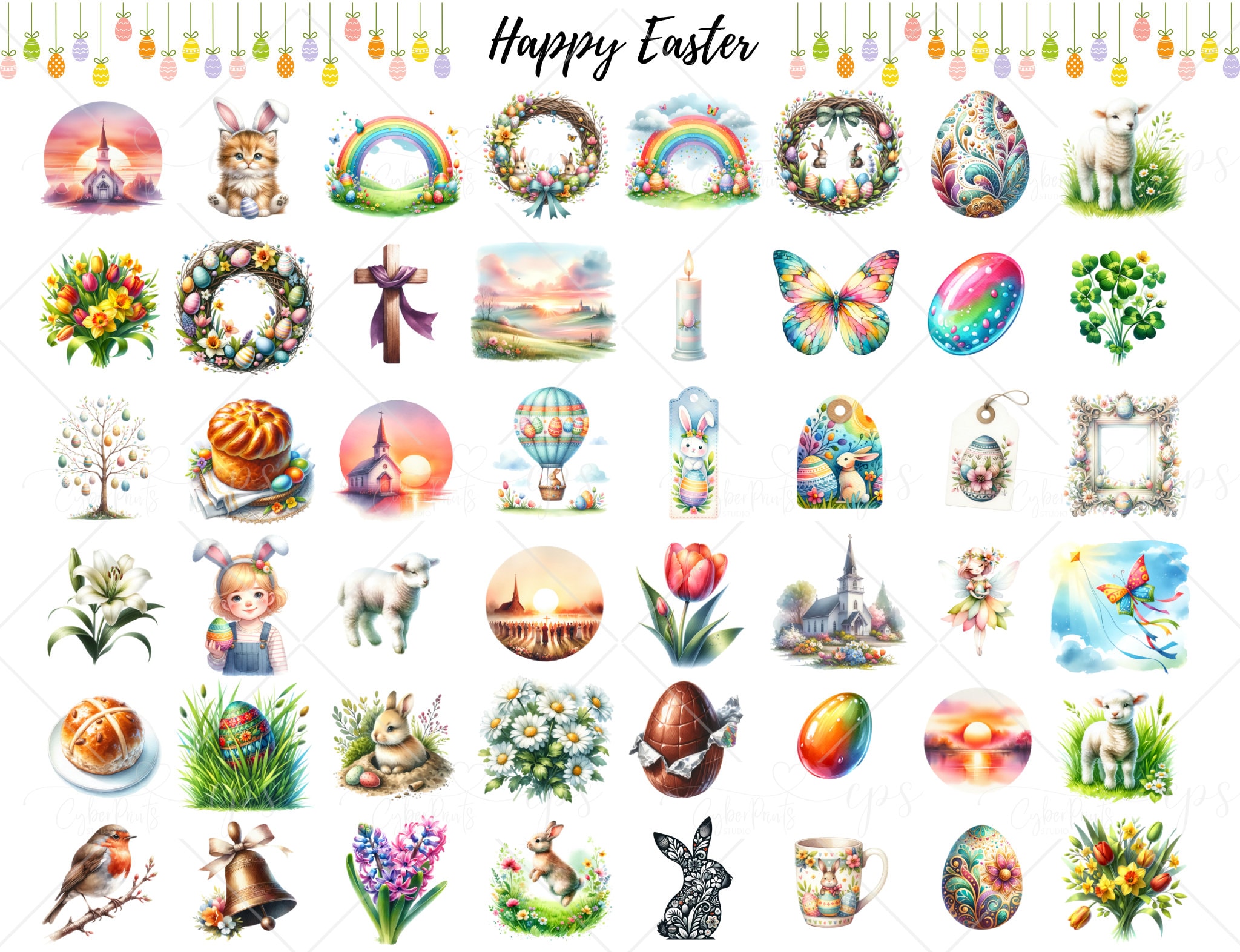 Easter Watercolor Clipart Bundle, PNG Easter Bunny Images, Cute Spring ...