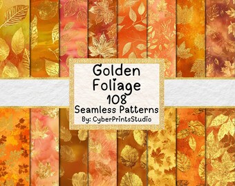 Golden Foliage Seamless Watercolor Leaf Pattern Bundle – 108 Autumn Metallic Backgrounds for Sublimation and Junk Journals, Card Making