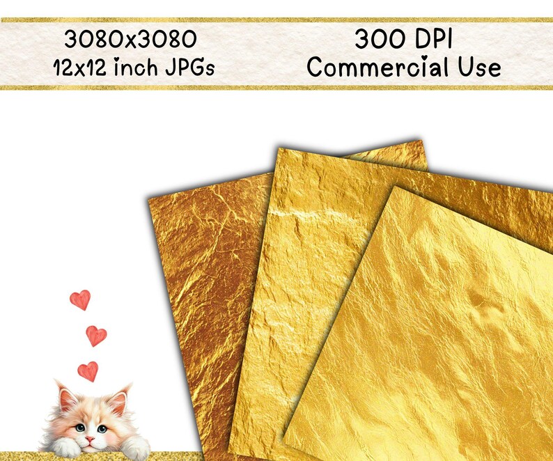 May include: A collection of gold textured digital papers, each 12x12 inches, with a resolution of 3080x3080 pixels. The image includes a cute cat illustration with hearts and text that reads "300 DPI Commercial Use".