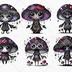 May include: Six whimsical mushroom characters with intricate black lace details and colorful accents. Each mushroom has a unique design and expression, with sparkling gems and a galaxy-like pattern on their caps.
