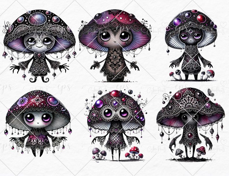 May include: Six whimsical mushroom characters with intricate black lace details and colorful accents. Each mushroom has a unique design and expression, with sparkling gems and a galaxy-like pattern on their caps.