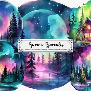 Watercolor Aurora Borealis Clipart, fantasy Northern Lights watercolor PNG format instant download for commercial use