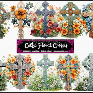 Celtic Cross Clipart - Watercolor crosses, floral cross, PNG format instant download for commercial use