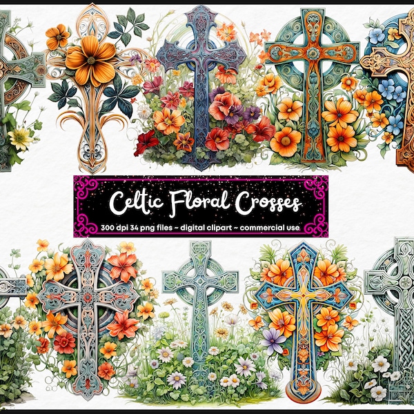 Celtic Cross Clipart - Watercolor crosses, floral cross, PNG format instant download for commercial use