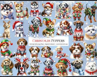 Könnte beinhalten: Eine Sammlung von 205 digitalen Clipart-Bildern mit niedlichen Welpen in festlicher Kleidung. Die Bilder sind 300 dpi und perfekt für Bastelprojekte, Scrapbooking und mehr.
