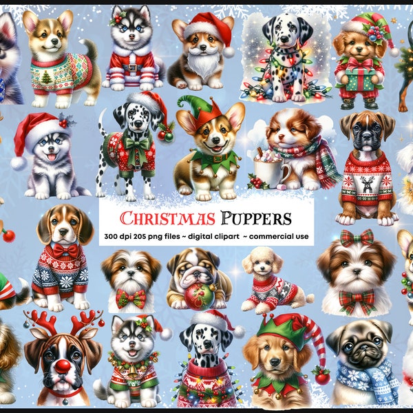 Christmas Puppies in outfits, cute Watercolor dog Clipart, Holiday, Festive, adorable dog Mom Clipart, Xmas Clipart Bundle, PNG Digital