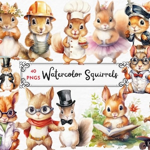 Clipart d’écureuil aquarelle, lot de cliparts d’animaux mignons, clipart d’animaux des bois, png d’écureuil roux doux, journal indésirable, artisanat en papier