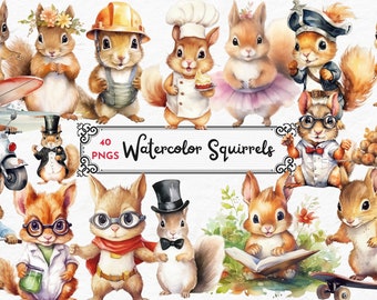 Watercolor squirrel clipart, Cute animal clipart bundle, Woodland animal clipart, Sweet red squirrel png, Junk journal, Paper craft
