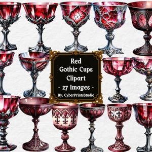 May include: A collection of red gothic cups with intricate designs and silver stems. The image includes various styles of goblets, showcasing detailed patterns and textures. The text in the image reads "Red Gothic Cups Clipart - 27 Images".