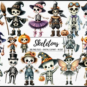 Skeletons Watercolor Clipart Bundle - 101 PNG Skeleton Skull Images, Spooky Halloween Graphics, Instant Digital Download, Commercial Use