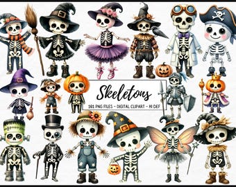 Skeletons Watercolor Clipart Bundle - 101 PNG Skeleton Skull Images, Spooky Halloween Graphics, Instant Digital Download, Commercial Use