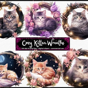 Kätzchen Blumenkranz Aquarell Clipart Bundle - PNG Sublimation Illustrationen für Party Einladung & Handwerk - Kommerzielle Nutzung inbegriffen
