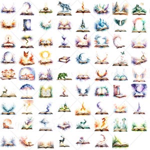 May include: A collection of watercolor illustrations featuring open books with various themes. Each book has unique imagery, including animals, landscapes, and fantasy elements. The color palette includes blues, greens, oranges, and purples, creating a whimsical and artistic aesthetic.
